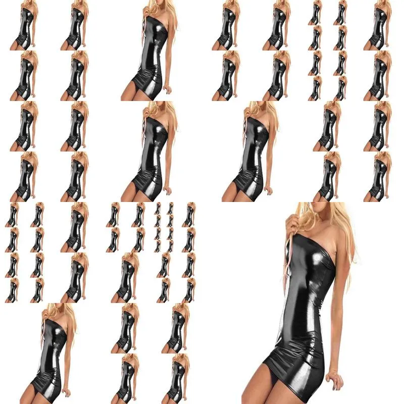 whole womens black sexy bodycon leather dresses strapless latex club wear costumes clothing pvc mini dress catsuits cat suits9876430