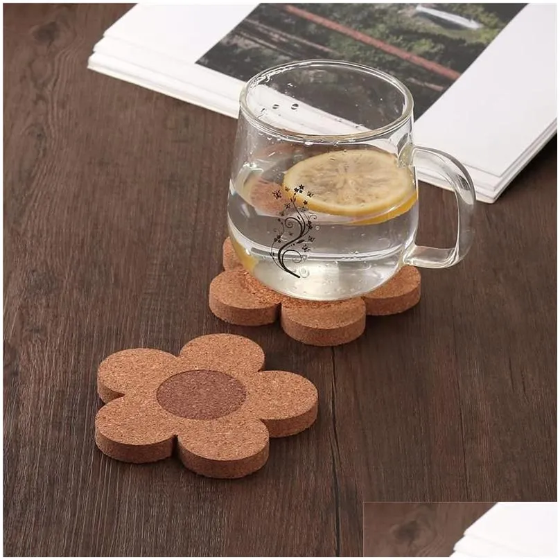 cork mats pads coasters drinks reusable natural cork 4 inch flower shape wood coaster for desk glass table gc1006