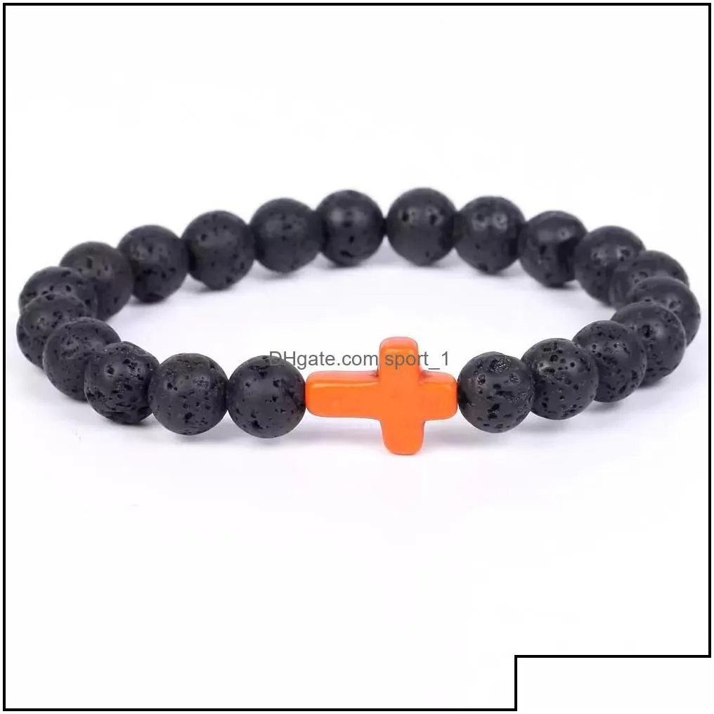 car dvr beaded strands trendy 8mm black lava stone turquoise bead cross bracelet oil diffuser volcanic beads for women men jewelry drop del
