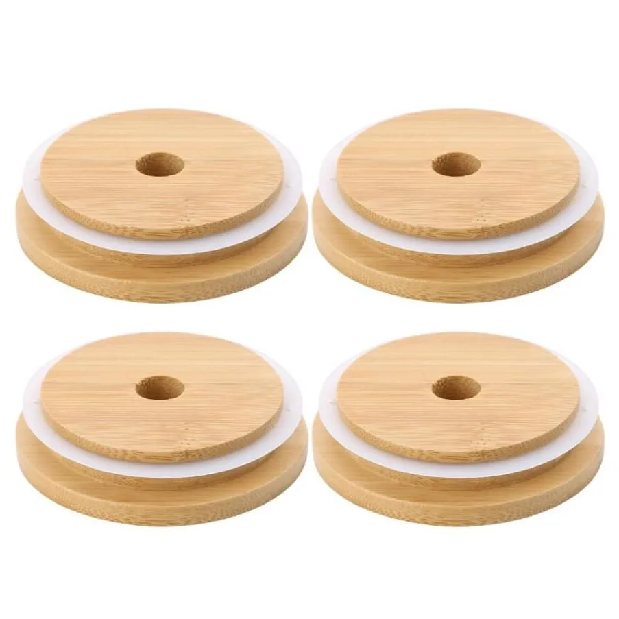 70mm 86mm wide mouth bamboo lids mason jar canning caps glass cups lid with straw hole silicone straw valve non leakage silicones sealing wooden covers