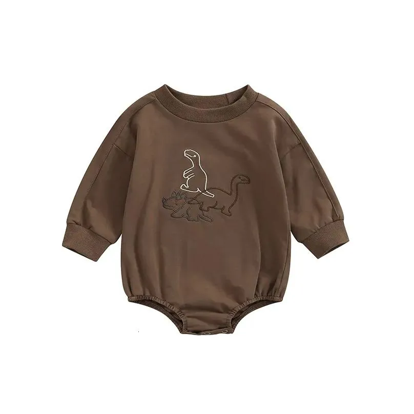 Rompers Autumn Born Baby Infant Kids Cotton Long Sleeve Cartoon Dinosaur Embroidery Boy Girls Jumpsuits Clothes 018M 230525 Drop Deli Dhnop