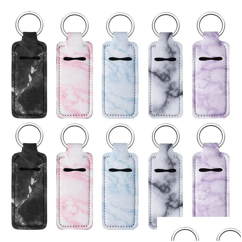  marble color neoprene chapstick holder handy lip balm keychains neoprene lipstick holder keychain chapstick sleeve pouch with metal
