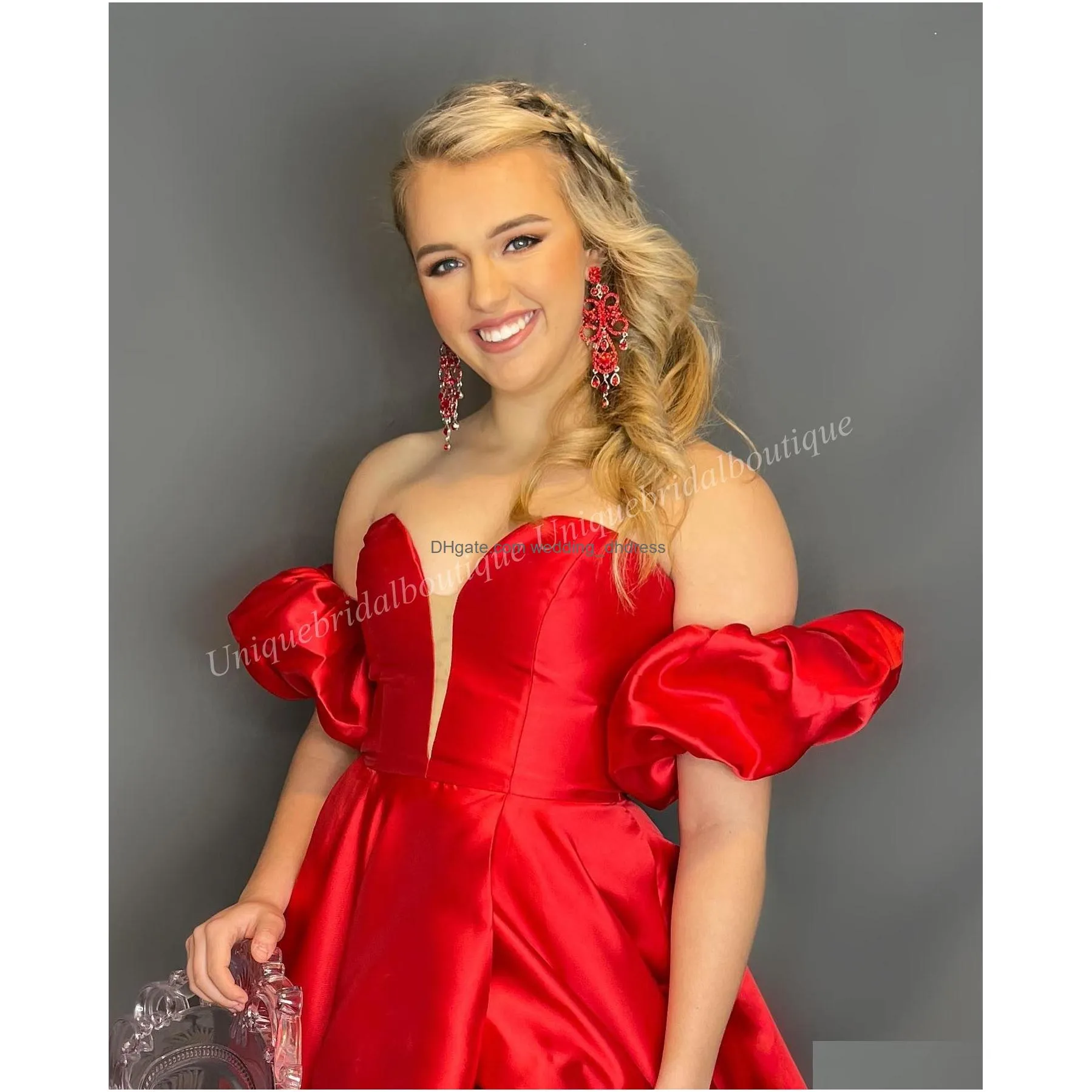 sweetheart a-line prom dress 2k23 v-neckline high slit puffy attachable sleeves pageant formal evening event party runway black-tie gala wedding guest gown red