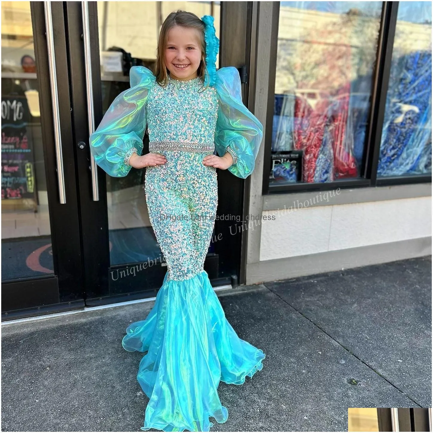 aqua girl pageant dress jumpsuit 2023 iridescent organza sequin puff sleeves flared pants little kid birthday formal party gown fun fashion runway toddler