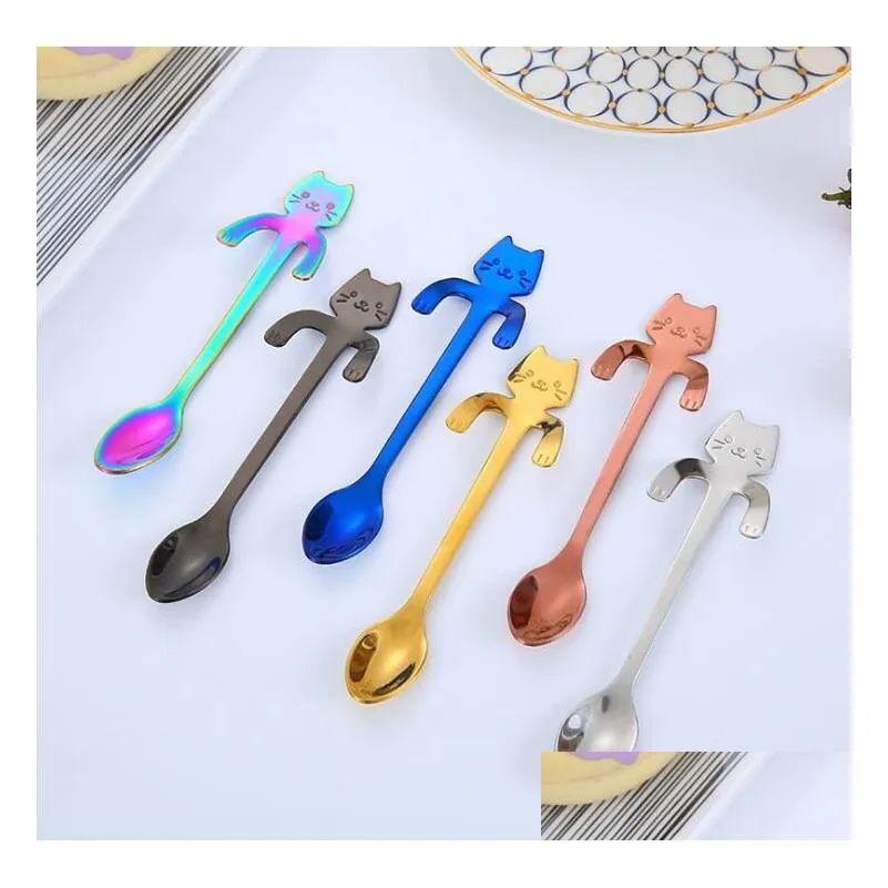 cute cat coffee stirring spoon stainless steel tea spoon for dessert cake sugar ice cream tea spoons kitchen cafe wedding spoon