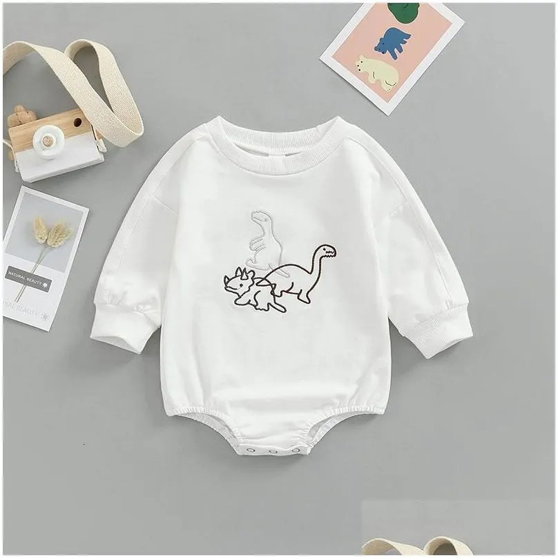 Rompers Autumn Born Baby Infant Kids Cotton Long Sleeve Cartoon Dinosaur Embroidery Boy Girls Jumpsuits Clothes 018M 230525 Drop Deli Dhnop