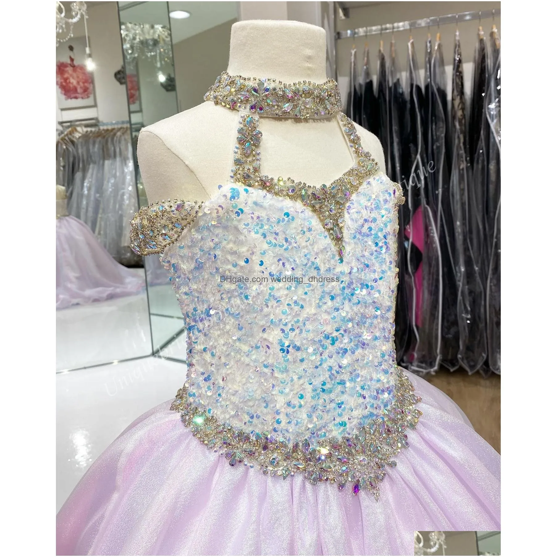 2023 girls pageant dresses unicorn plus size zipper halter neck real-picture beading organza little girl birthday junior prom gown crystal ab stones rose-gold