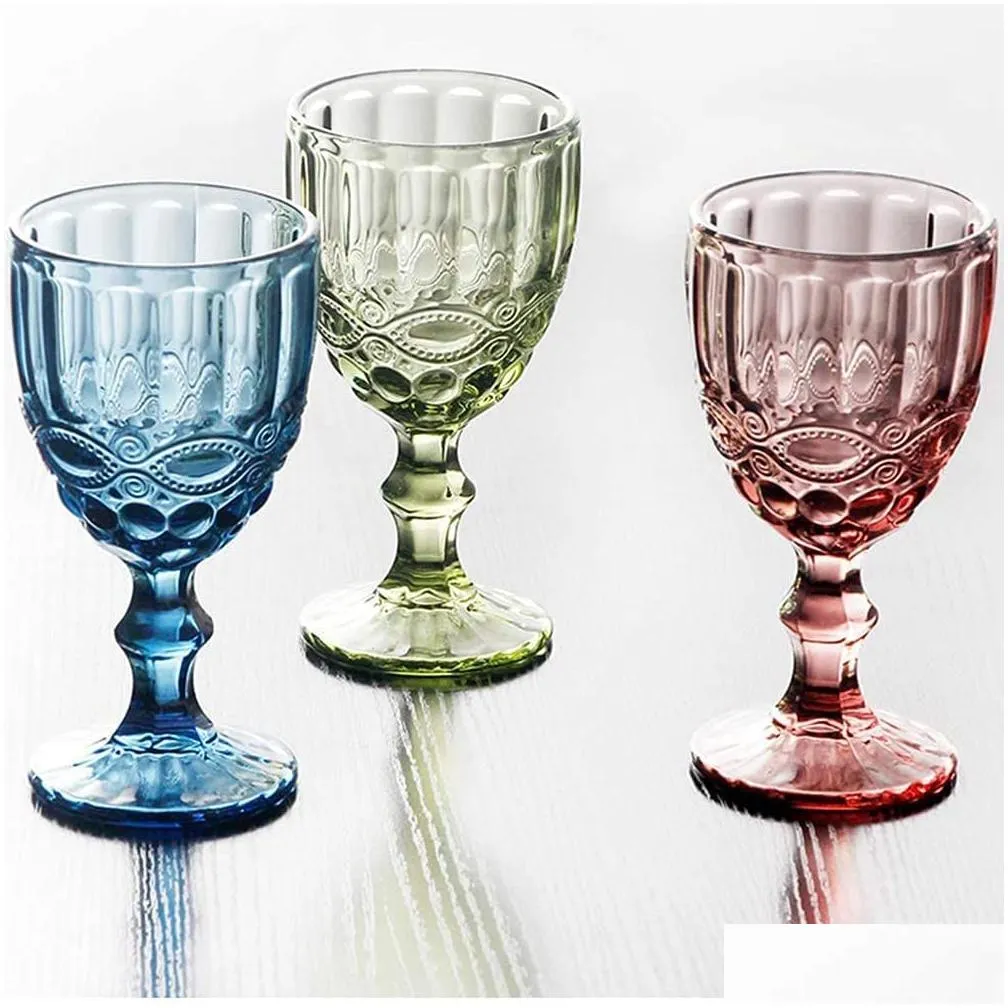 vintage glass goblets embossed stemmed glasses assorted colored drinking glasses for wine water juice beverage 064523