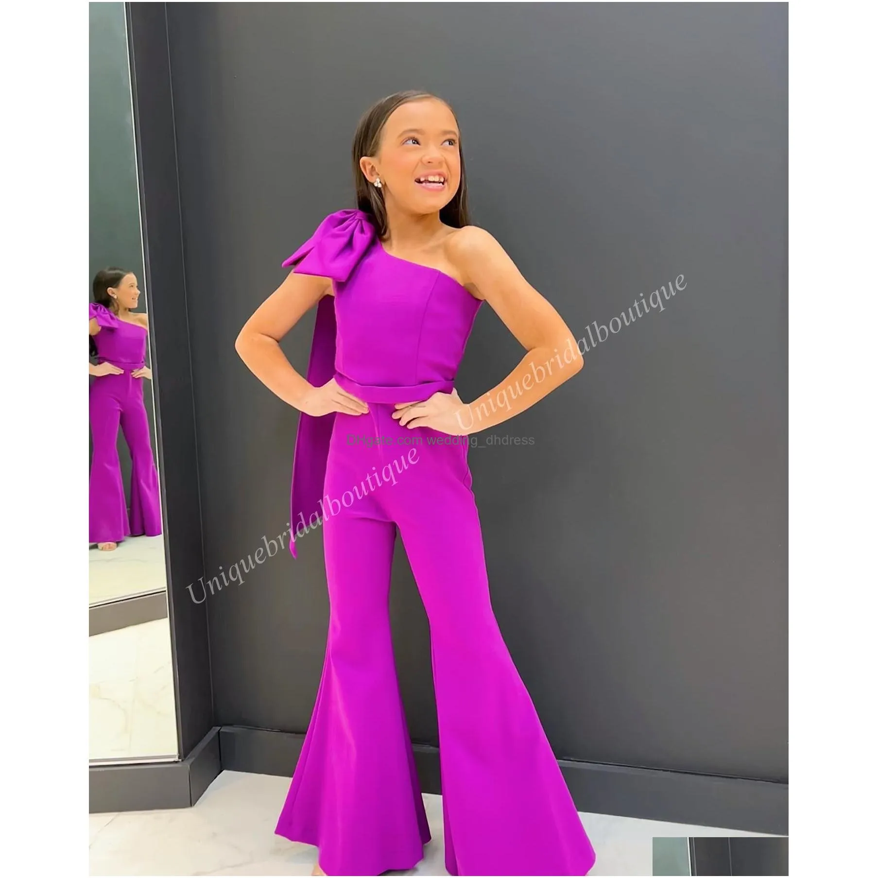 jumpsuits floor length flower girl dress pageant performance 2024 one-shoulder juniors cute prom dress chiffon with bow fun fashion bell flare pants pink