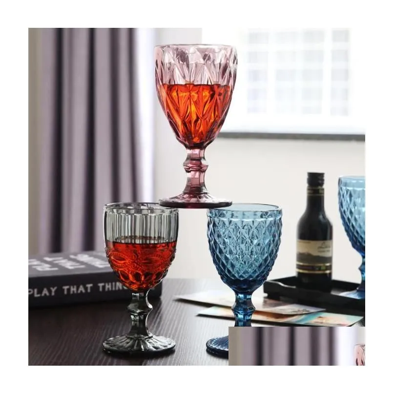 vintage glass goblets embossed stemmed glasses assorted colored drinking glasses for wine water juice beverage 064523