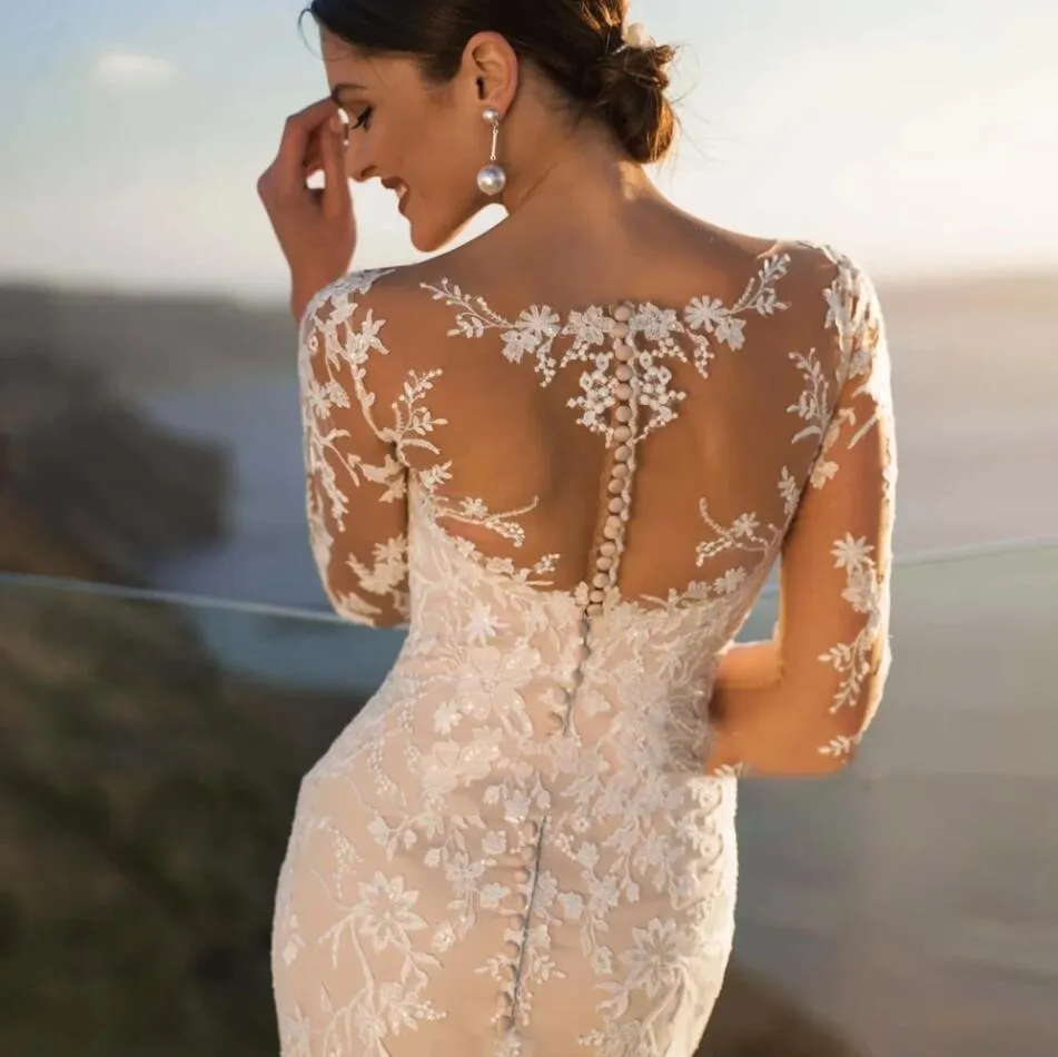 Gorgeous Lace Appliques Long Sleeves Mermaid Wedding Dress For Bride 2024 Sheer Mesh Top Button Decoration Illusion Back With Detachable Skirt Vestido De Novia 0304