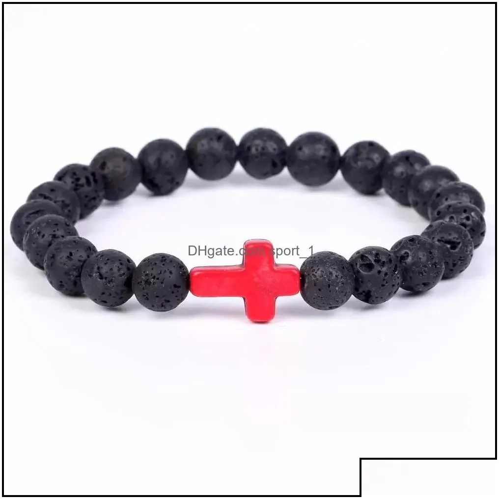 car dvr beaded strands trendy 8mm black lava stone turquoise bead cross bracelet oil diffuser volcanic beads for women men jewelry drop del