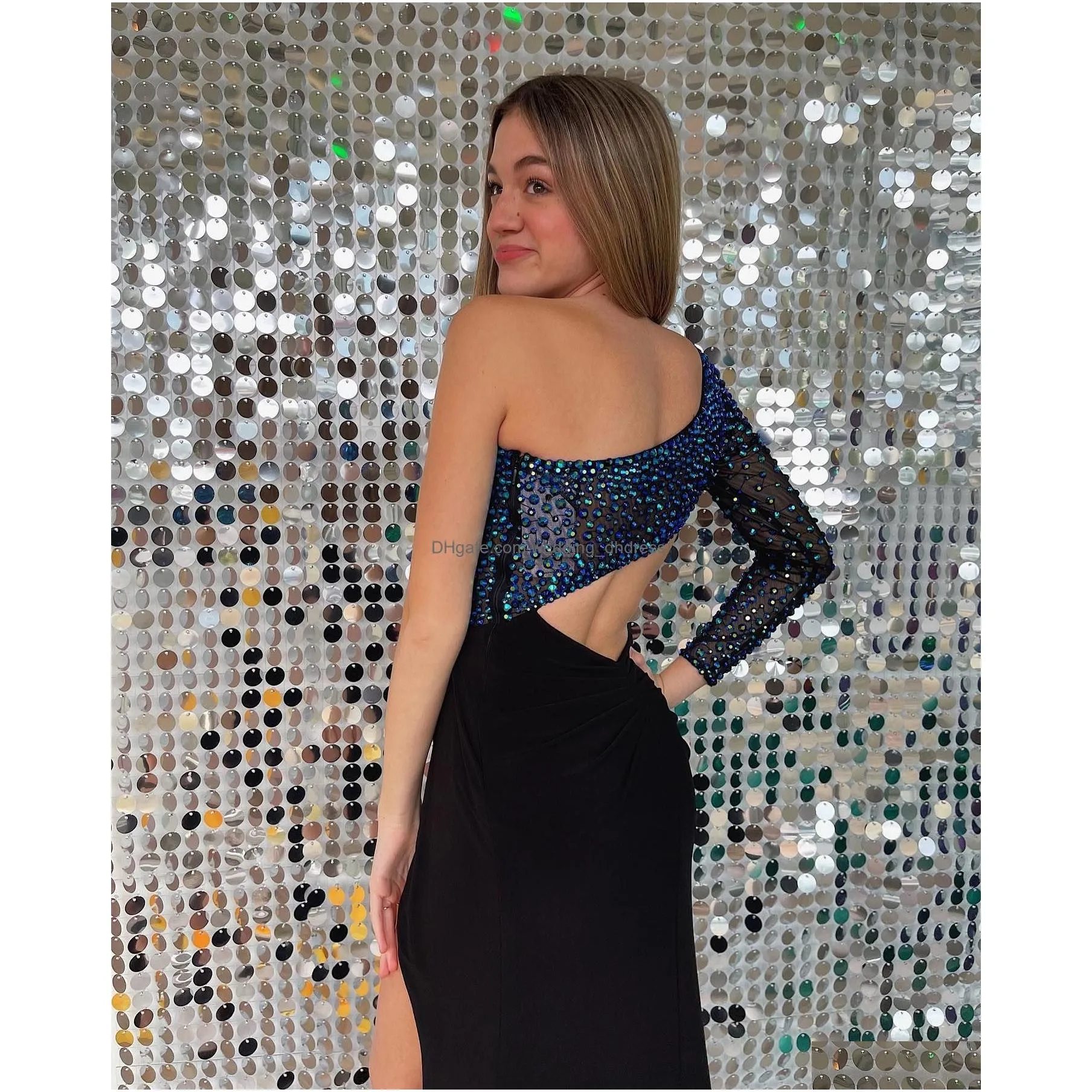 one shoulder prom dress 2k23 iridescent beaded bodice side cut-out high slit lady preteen girl pageant gown formal party wedding guest red capet runway black-tie