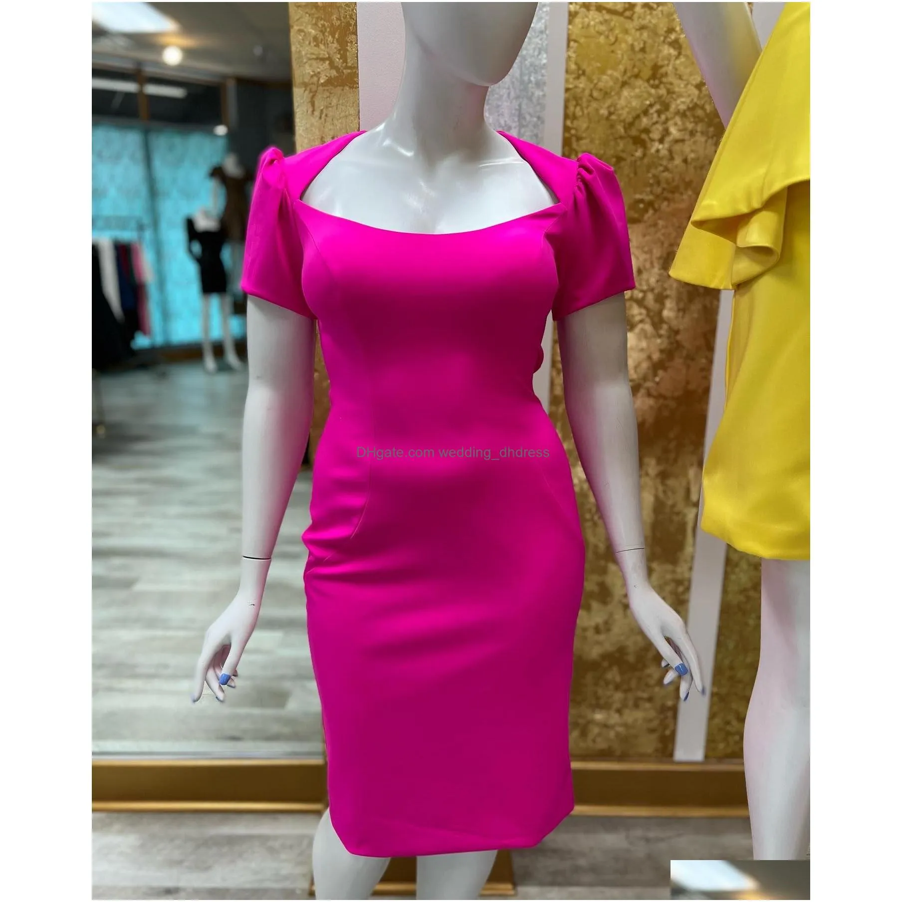 miss lady pageant interview dress 2023 short sleeve fitted red carpet cocktail gown formal event party graduation hoco gala appearance wedding guest fuchsia