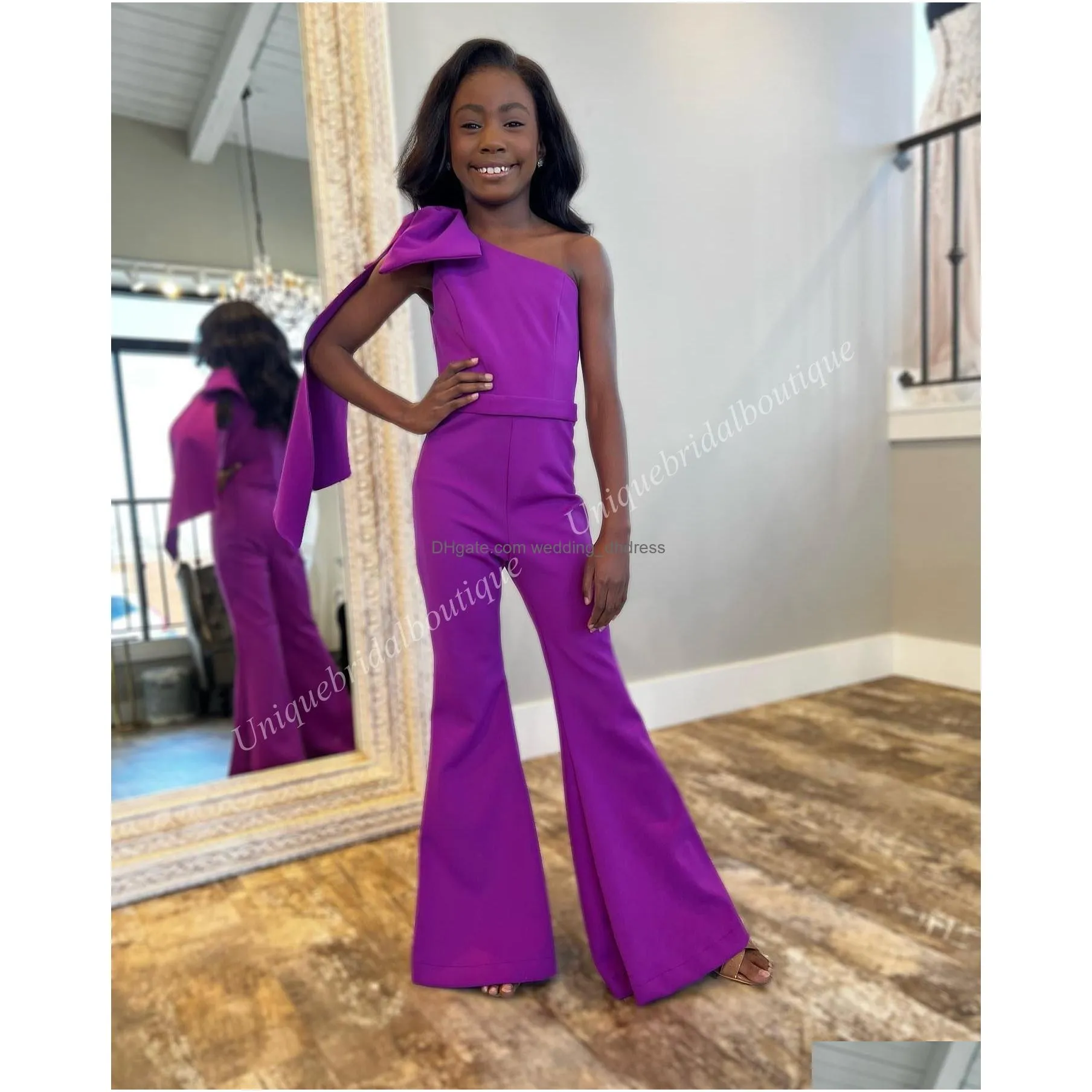 jumpsuits floor length flower girl dress pageant performance 2024 one-shoulder juniors cute prom dress chiffon with bow fun fashion bell flare pants pink