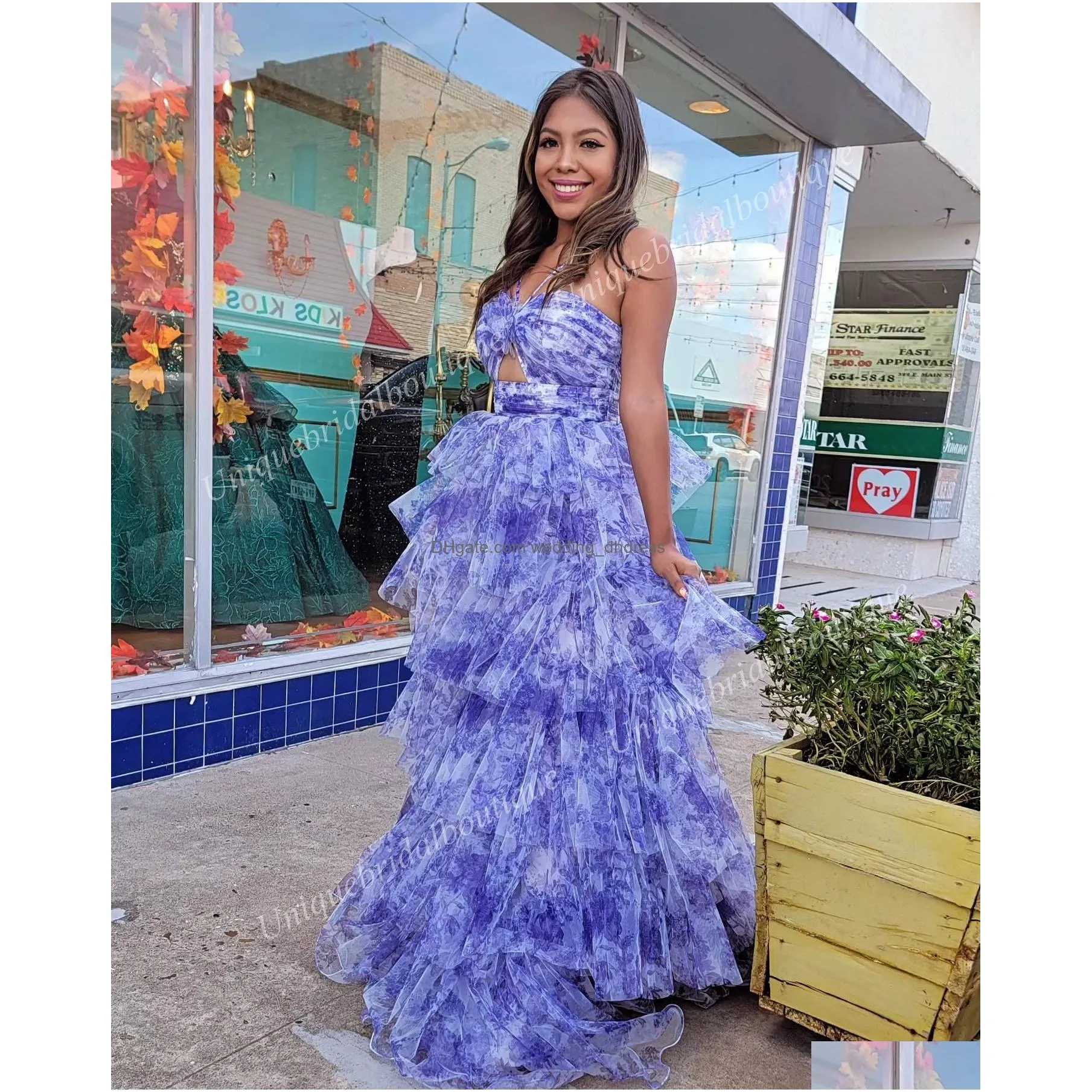 print floral ruffle prom dress 2k24 bodysuit keyhole halter purple tiered tulle preteen lady pageant formal evening cocktail party runway black-tie gala