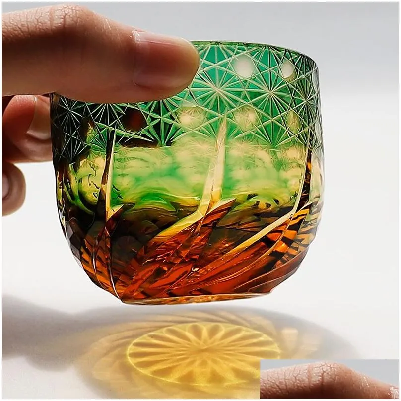 edo kiriko amber crystal s glasses drinkware glass for sake baijiu tequila bar cocktail bullet cup hand engraved 2oz