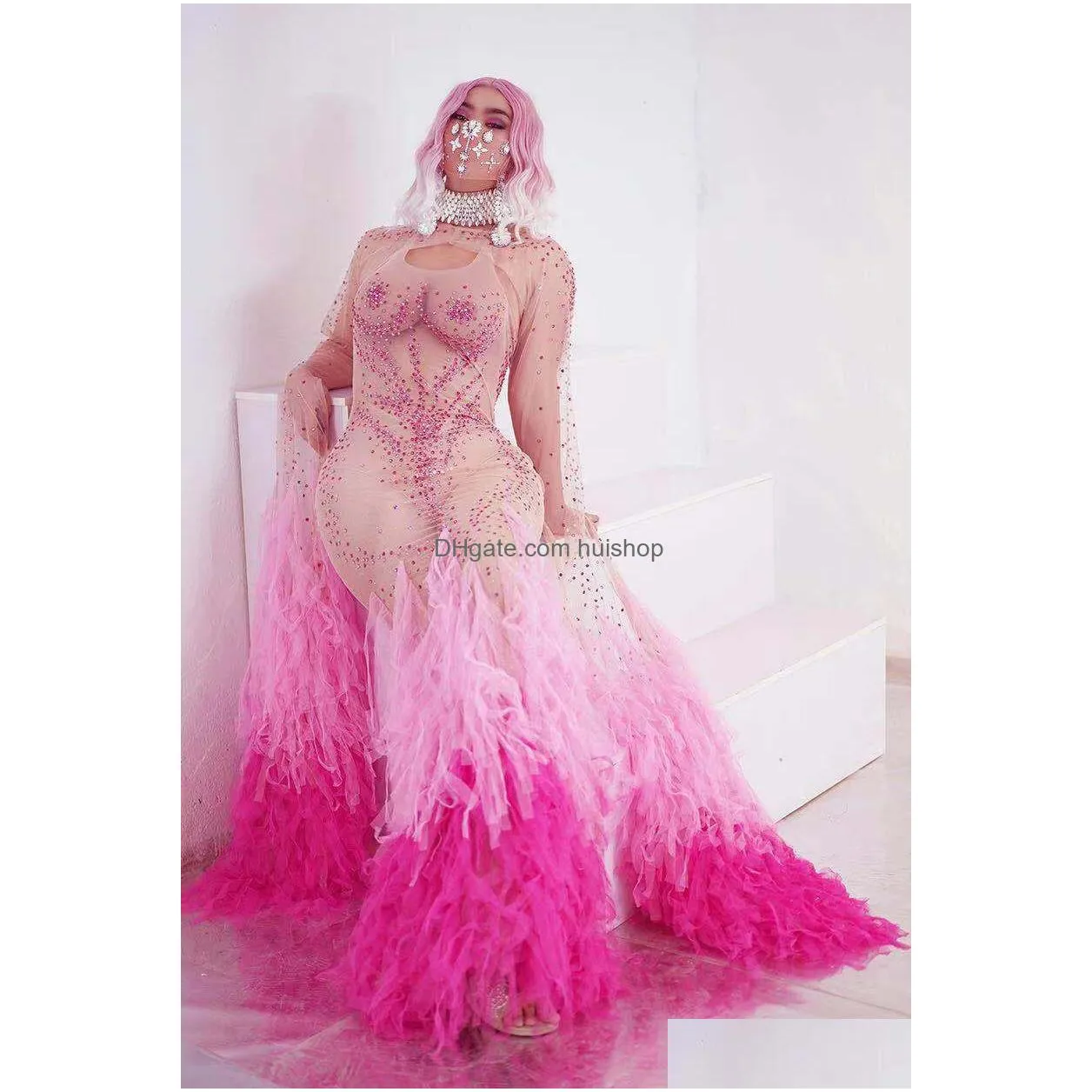 evening party transparent dresses singer models stage catwalk pink rhines tassel mermaid dress birthday prom mesh floor-length