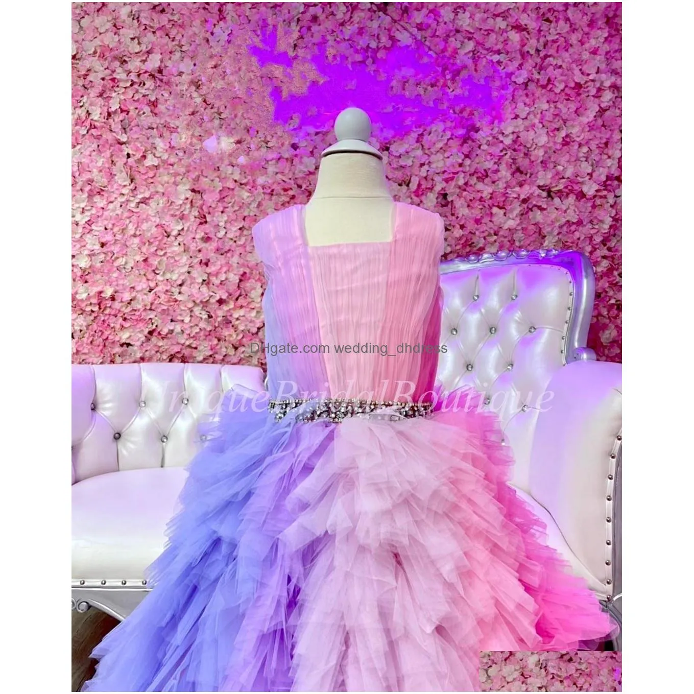 ombre girl pageant dress 2023 crystal sash ballgown square little kids birthday formal party gown toddler teens pink blue multi contrasting color ruffled