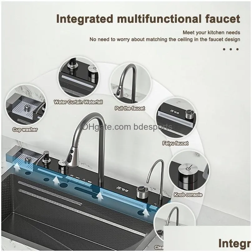 Kitchen Sinks Digital Display Waterfall Sink Stainless Steel Kitchen Large Single Modern Intelligent Mtifunctional Drop Delivery Home Dhi2V