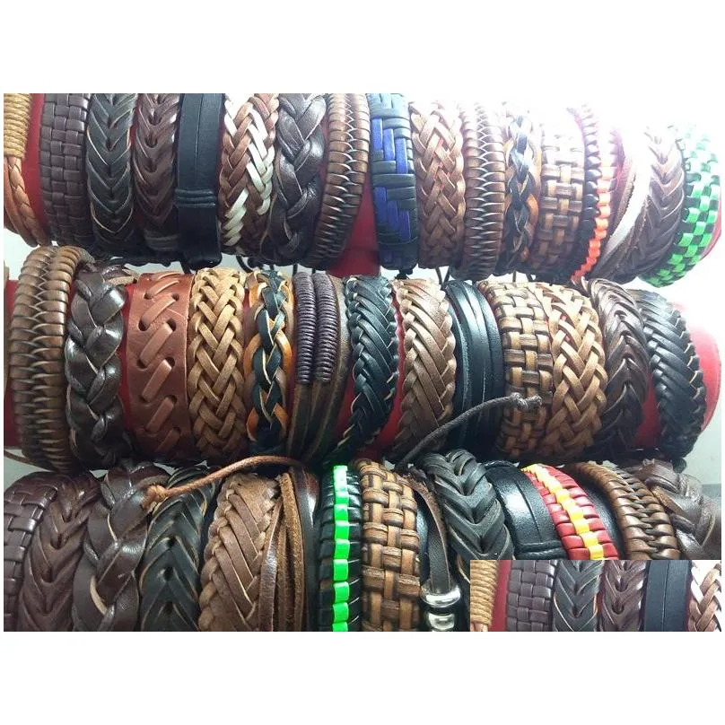 wholesale 100pcs men women vintage genuine leather bracelets surfer cuff wristbands party gift mixed style fashion jewelry lots