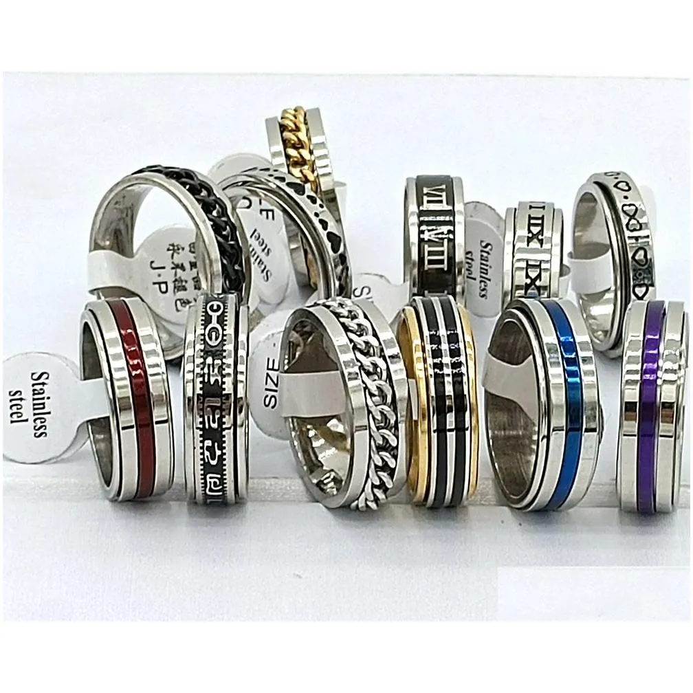 30pcs/lot design mix spinner ring rotate stainless steel men fashion spin ring male female punk jewelry party gift wholesale lots