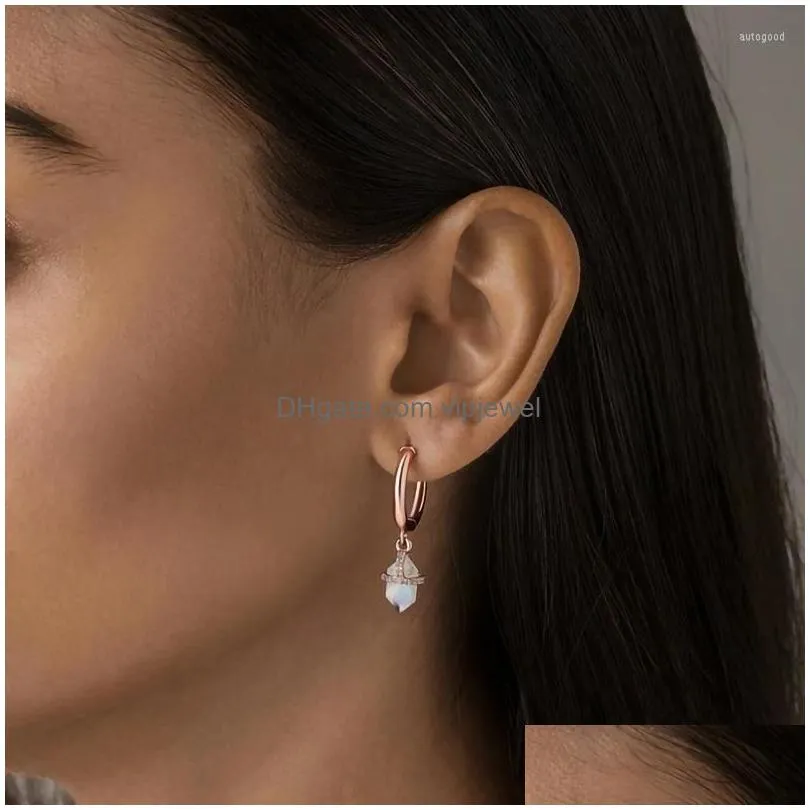 dangle earrings six-sided diamond moonstone rose gold long womens design sense fashion