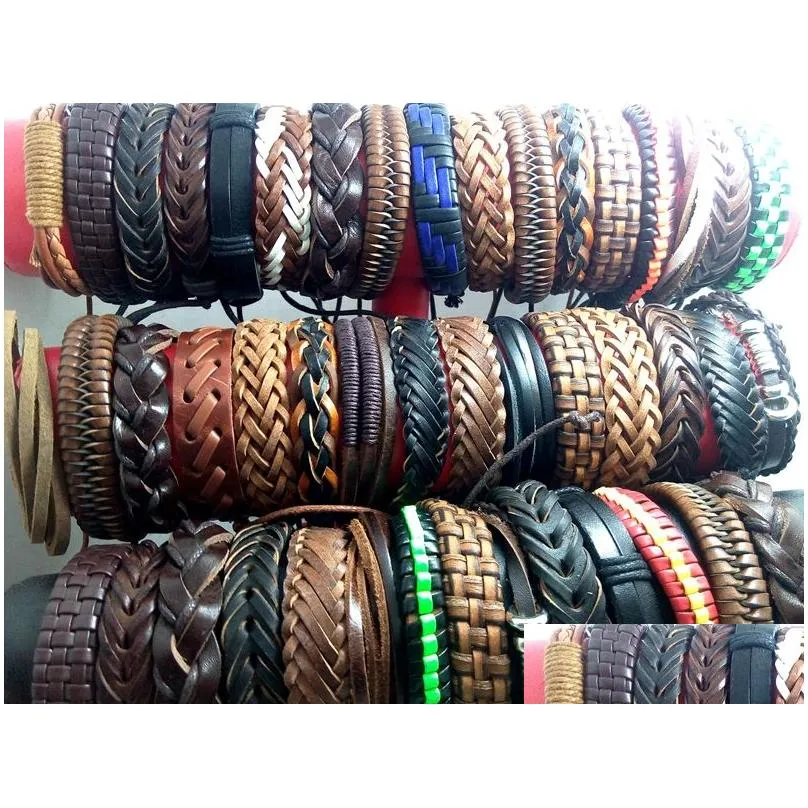 wholesale 100pcs men women vintage genuine leather bracelets surfer cuff wristbands party gift mixed style fashion jewelry lots