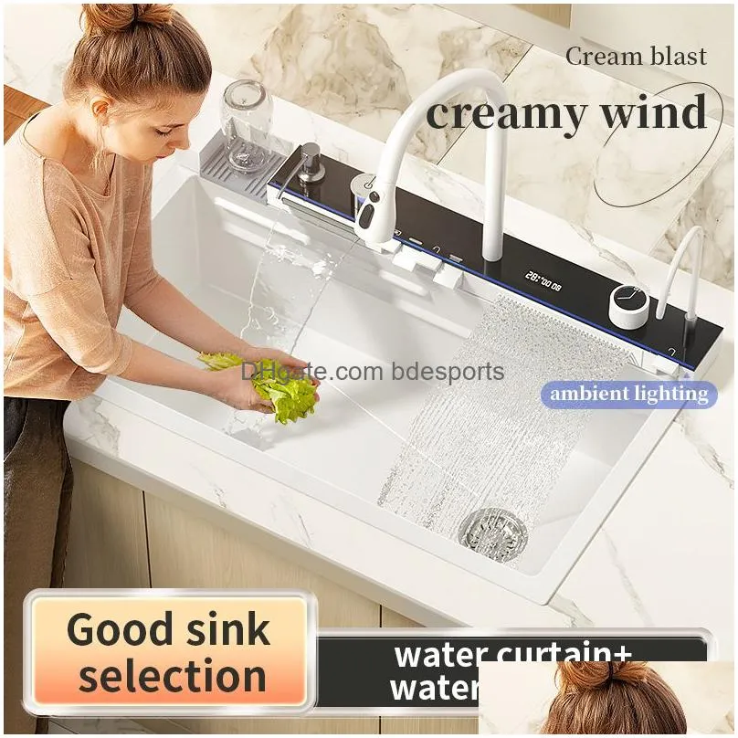 Kitchen Sinks Stainless Steel Kitchen Sink Waterfall Large Single Bowl Honeycomb Nano Digital Display Washbasin Mtifunctional Faucet D Dhw8J