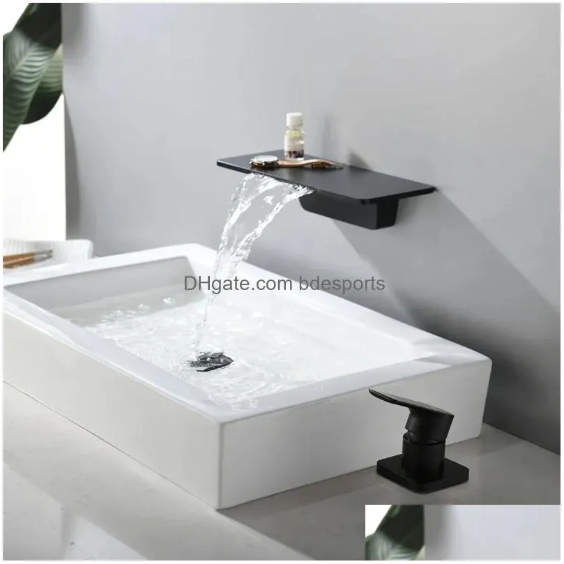 Bathroom Sink Faucets Wall Mounted Basin Faucet Matt Black Brass Bathroom Waterfall Mixer Water Tap Cold And Taps Drop Delivery Home G Dhoqh