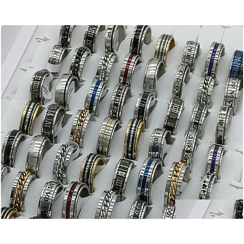 30pcs/lot design mix spinner ring rotate stainless steel men fashion spin ring male female punk jewelry party gift wholesale lots