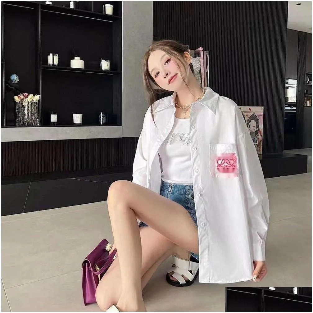 loewee shirts designer fashion women`s blouses spring/summer new classic letter printing embroidery high end women`s lapel white shirt loose