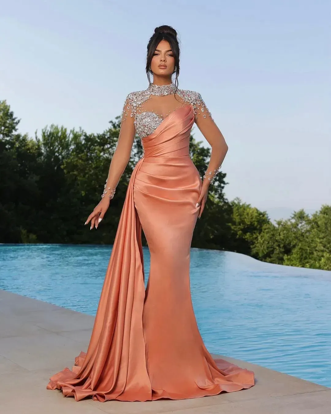 Classy Beaded Mermaid Prom Dresses Long Sleeves Pleated Evening Gowns High Neckline Sweep Train Satin Special Occasion Formal Wear