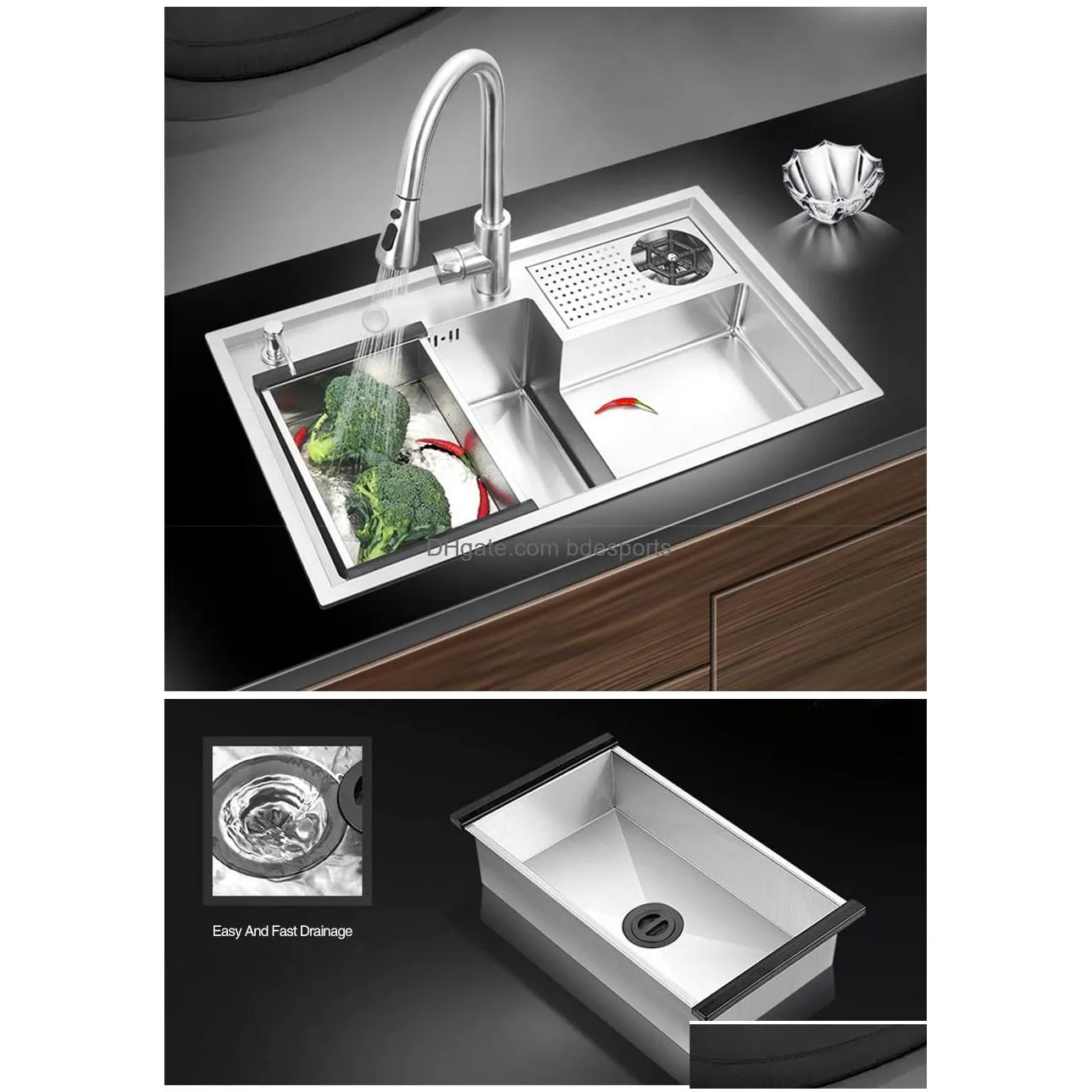 Kitchen Sinks 2023 New Cup Rinser Stepped Kitchen Sink 304 Stainless Steel Handmade Brushed Large Size Single Drop Delivery Home Garde Dhbm5