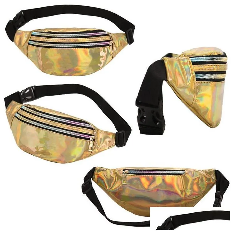 Storage Bags Holographic Fanny Pack Sport Waist Bag With Zipper Adjustable Belt Hologram Metallic Color Clear Fashion Pu For Women M Dhw01