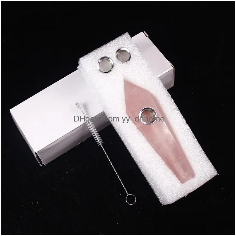 natural crystal pipes portable pink crystal cigarette holder household smoking accessories with cleaning brush