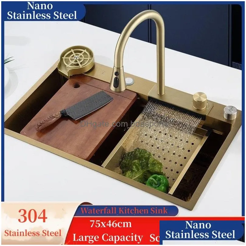 Kitchen Sinks Gold 304 Stainless Steel Kitchen Waterfall Sink Vegetable Washing Basin Large Single Slot Middle And Lower Thickened Dro Dhs8X