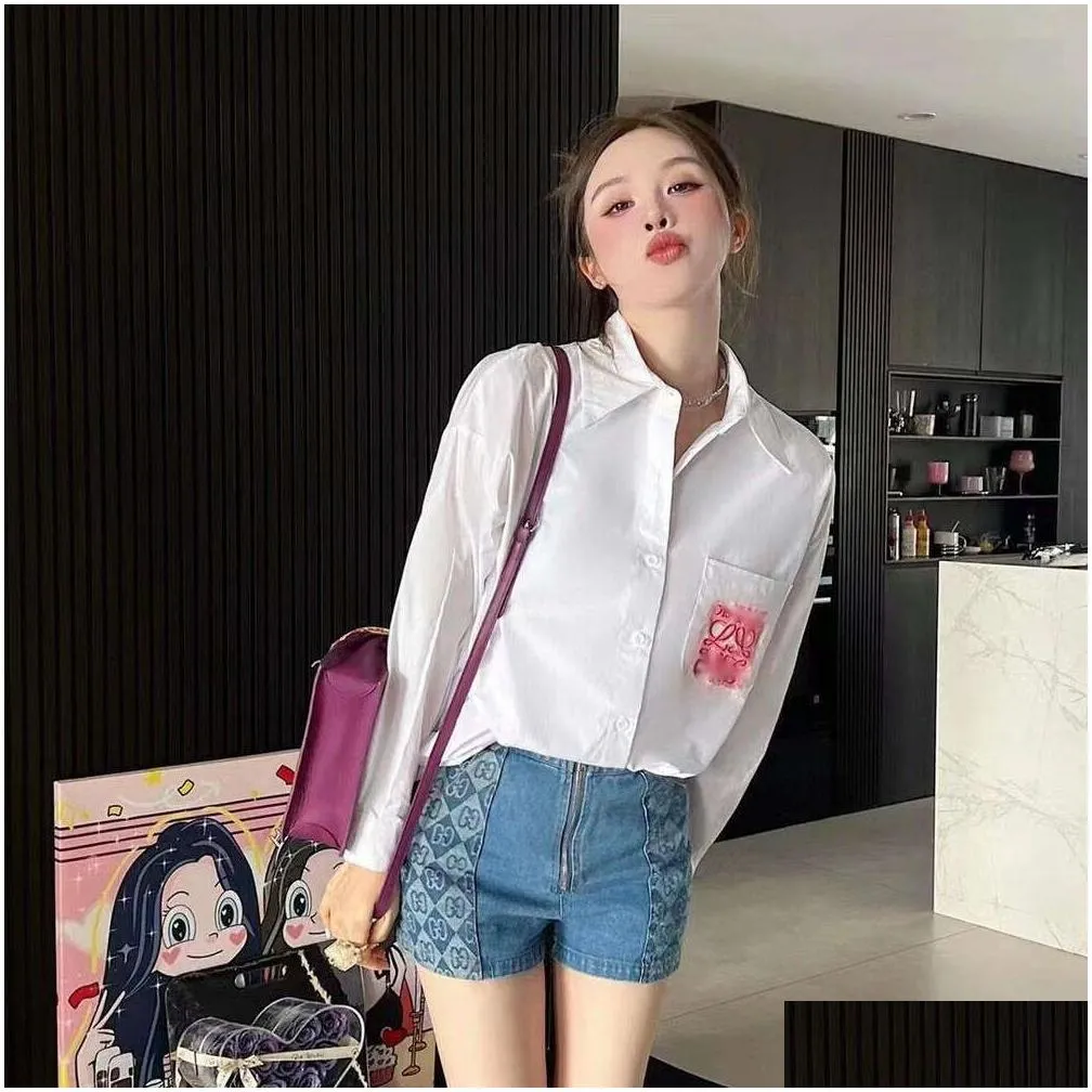 loewee shirts designer fashion women`s blouses spring/summer new classic letter printing embroidery high end women`s lapel white shirt loose