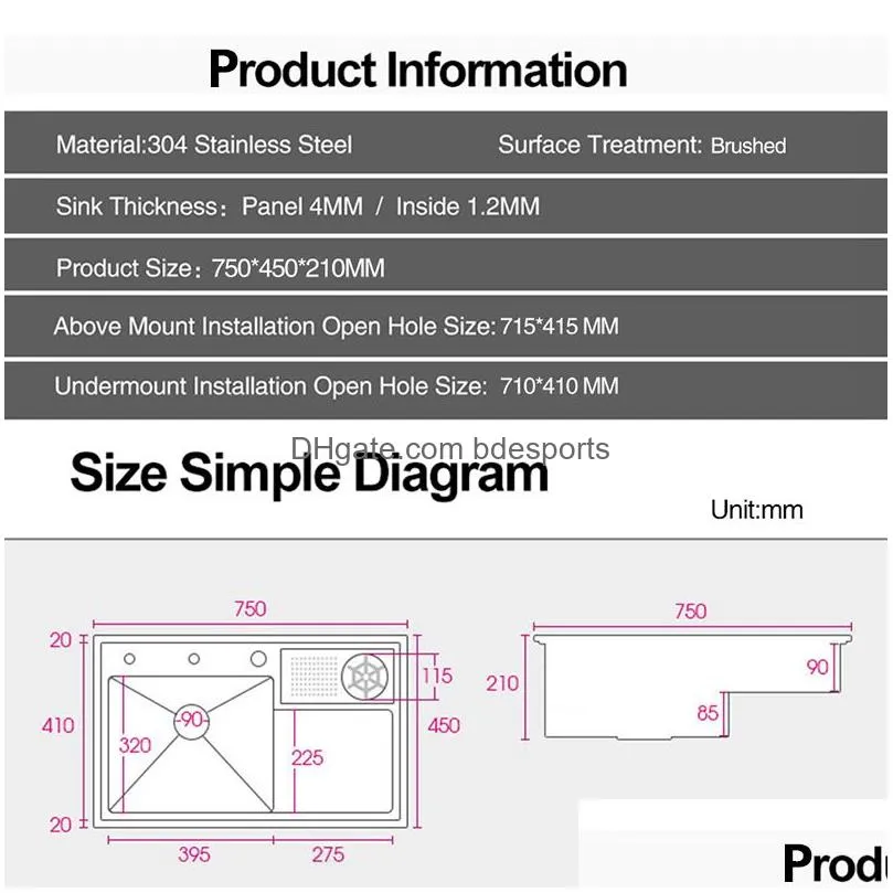 Kitchen Sinks 2023 New Cup Rinser Stepped Kitchen Sink 304 Stainless Steel Handmade Brushed Large Size Single Drop Delivery Home Garde Dhbm5