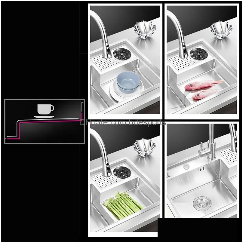 Kitchen Sinks 2023 New Cup Rinser Stepped Kitchen Sink 304 Stainless Steel Handmade Brushed Large Size Single Drop Delivery Home Garde Dhbm5