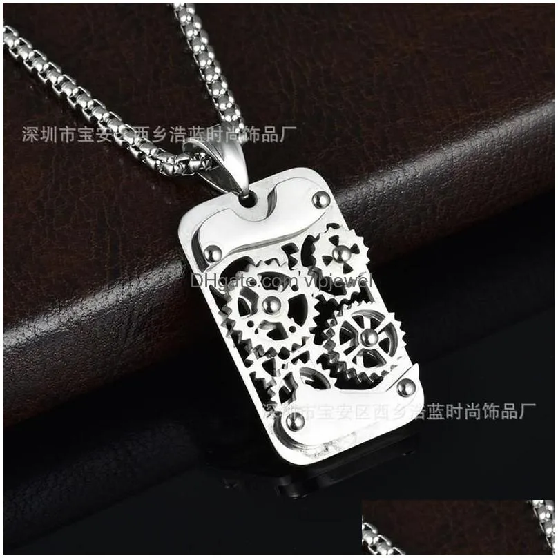 pendant necklaces fashion punk rotatable mechanical gear necklace gold color stainless steel steampunk cut dog tag hiphop men jewelry