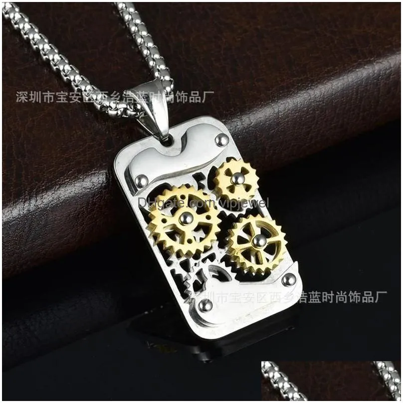 pendant necklaces fashion punk rotatable mechanical gear necklace gold color stainless steel steampunk cut dog tag hiphop men jewelry