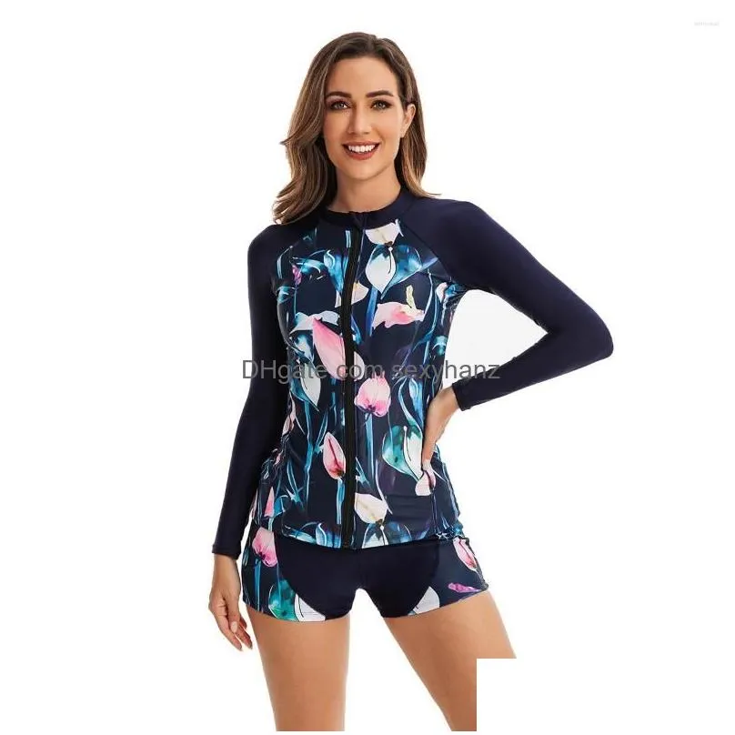 womens swimwear women two pieces long sleeve rash guard sun uv protection zip front swimsuit shirt shorts printed surfing tops with