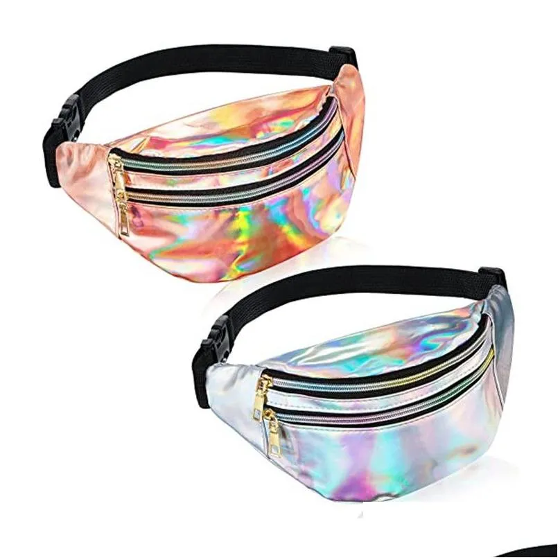 Storage Bags Holographic Fanny Pack Sport Waist Bag With Zipper Adjustable Belt Hologram Metallic Color Clear Fashion Pu For Women M Dhw01