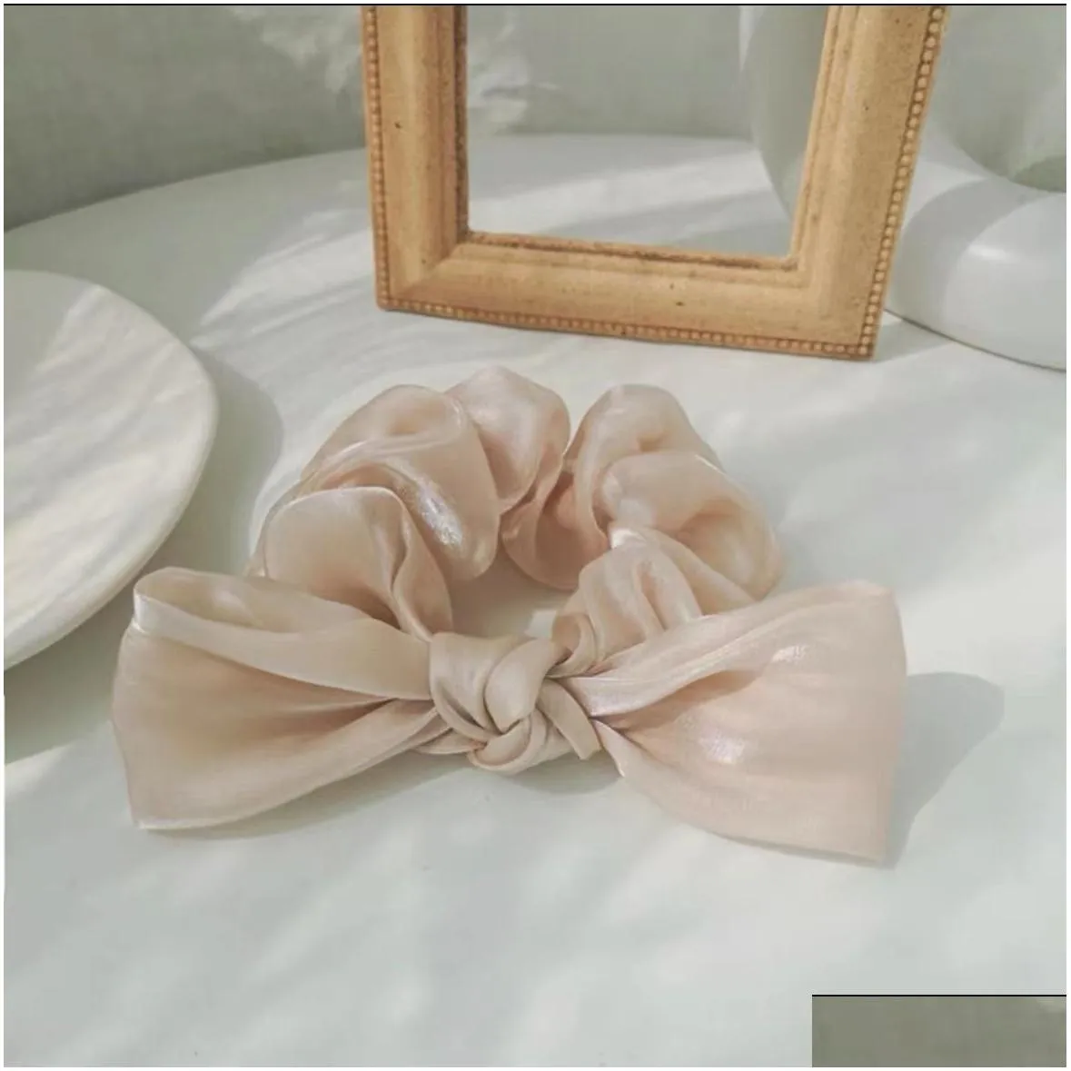 pearlescent large intestine hair ring super fairy ribbon bowknot hair ornament women simple temperament leather band tied hair girl korean