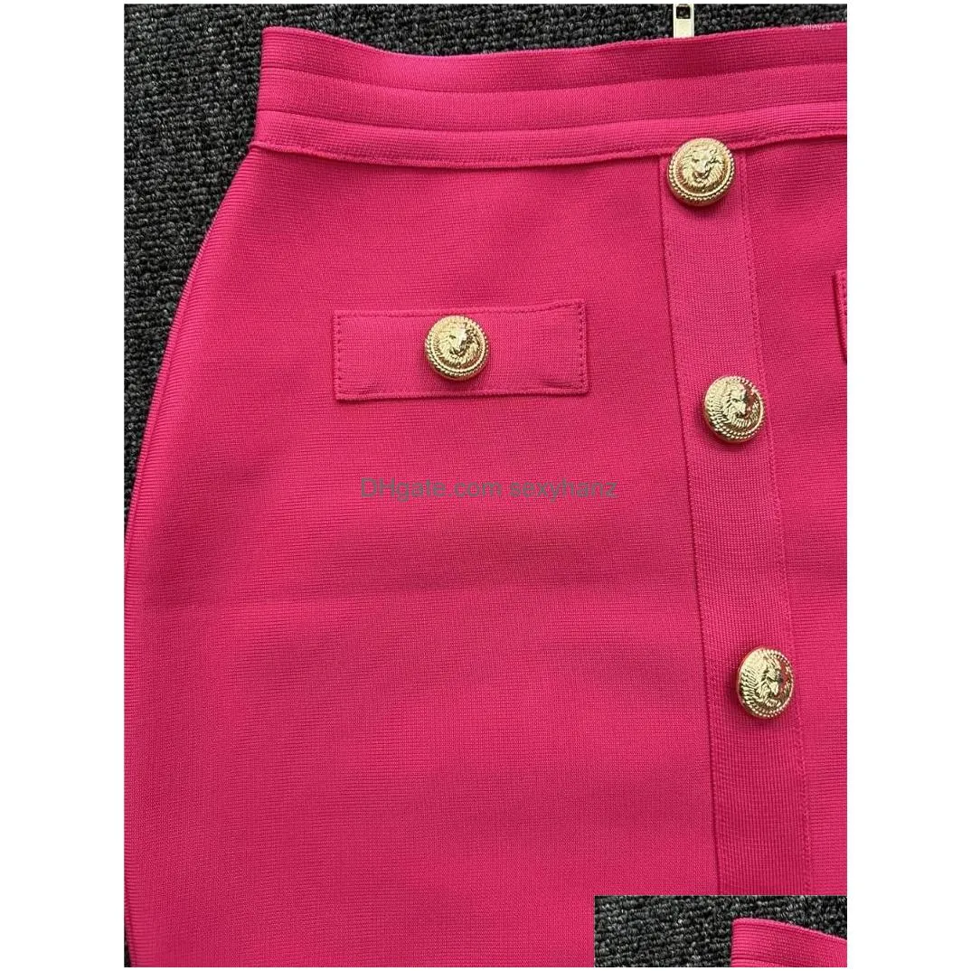 skirts top quality elastic bodycon bandage for women high waist gold buttons above knee pencil ladies office skirt