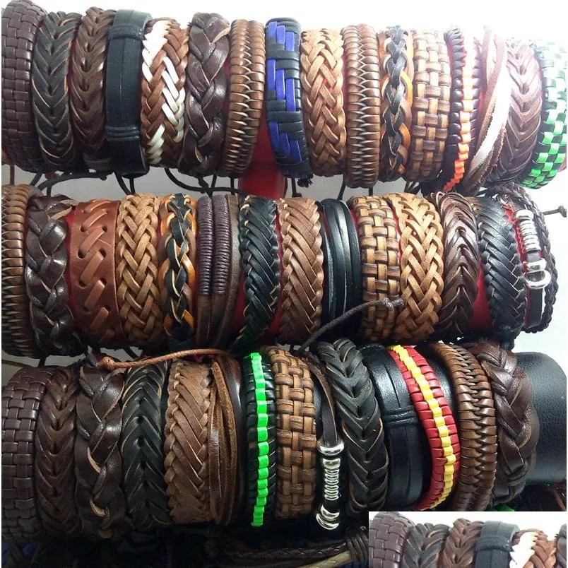 wholesale 100pcs men women vintage genuine leather bracelets surfer cuff wristbands party gift mixed style fashion jewelry lots