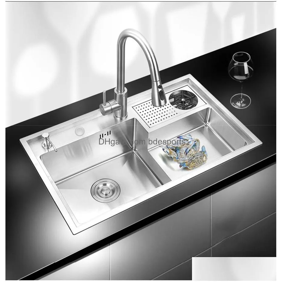 Kitchen Sinks 2023 New Cup Rinser Stepped Kitchen Sink 304 Stainless Steel Handmade Brushed Large Size Single Drop Delivery Home Garde Dhbm5