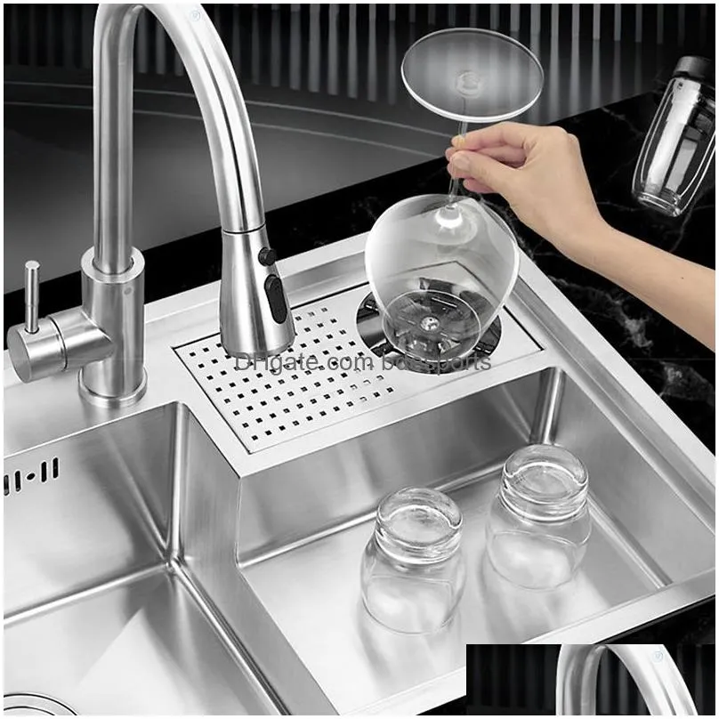 Kitchen Sinks 2023 New Cup Rinser Stepped Kitchen Sink 304 Stainless Steel Handmade Brushed Large Size Single Drop Delivery Home Garde Dhbm5