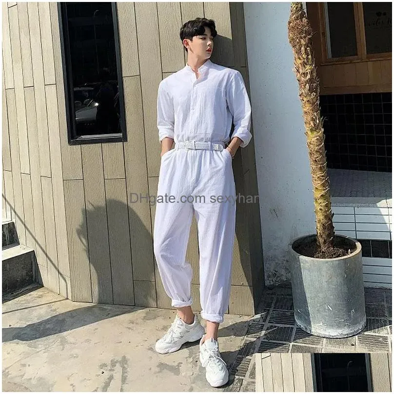 loose white men jumpsuits stand collar shirt overalls pant streetwear stage show trousers male long sleeve summer cotton linen